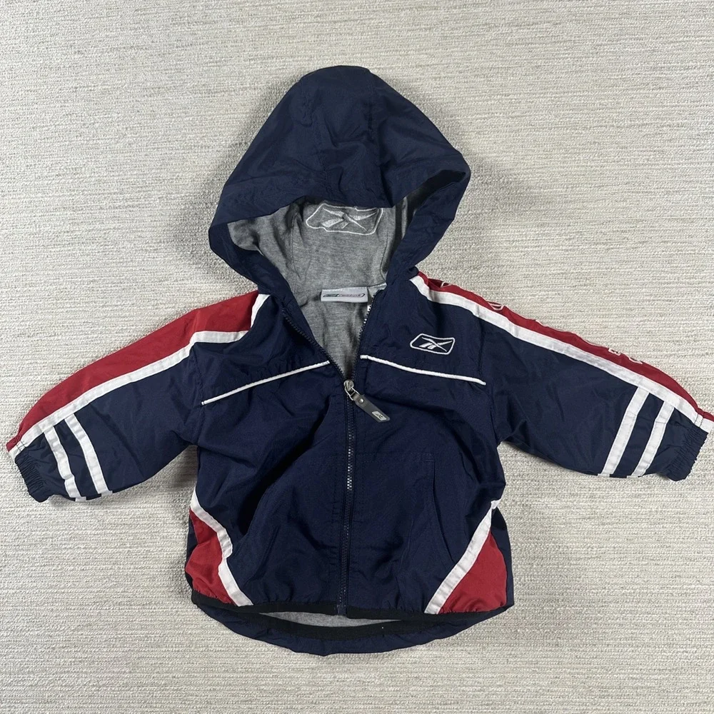 Y2K Reebok Hooded Windbreaker Jacket 12M Retro Colorblock Toddler Zip Up Logo